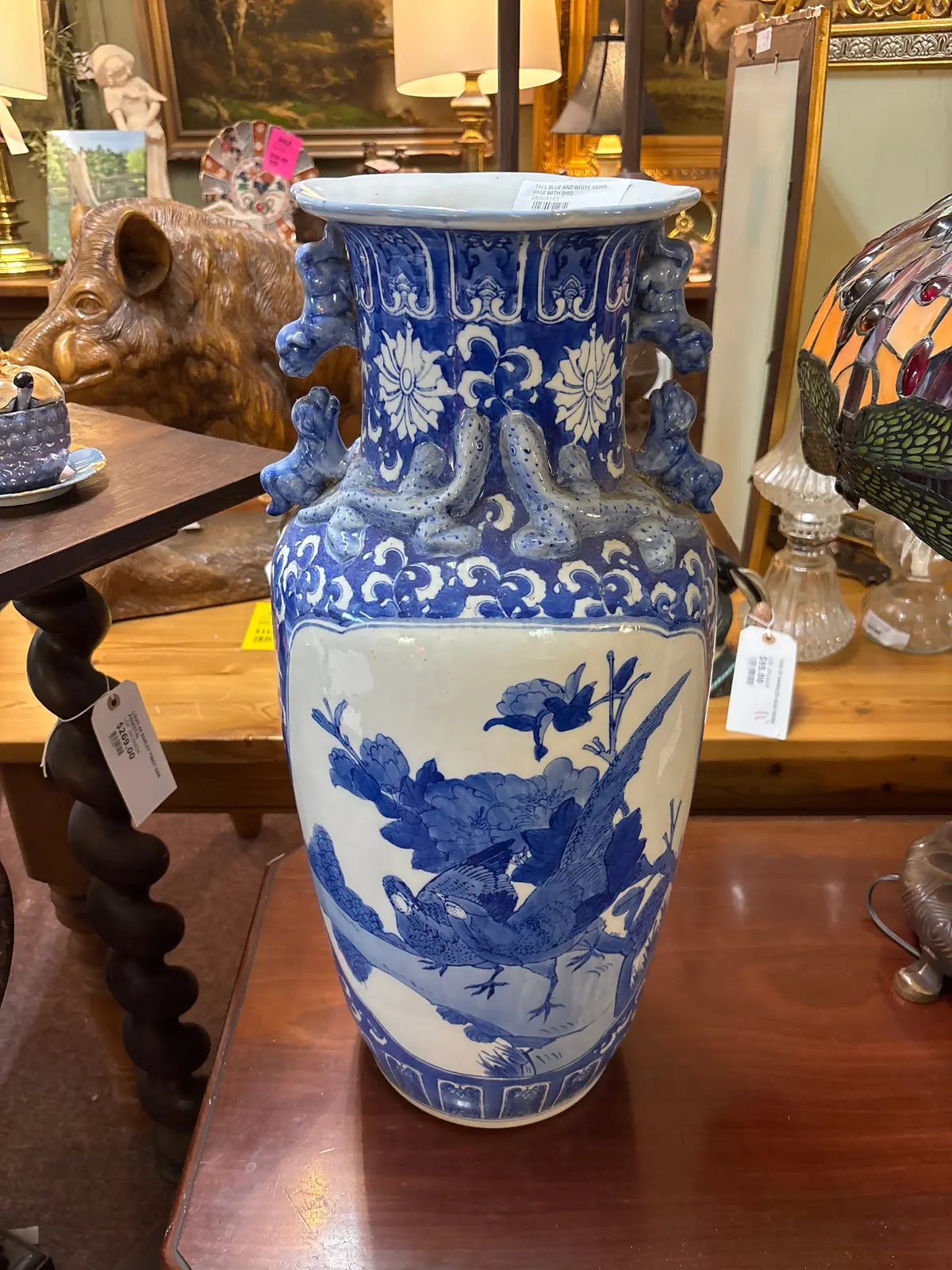 Tall Blue And White Asian Vase With Birds And Handles 1