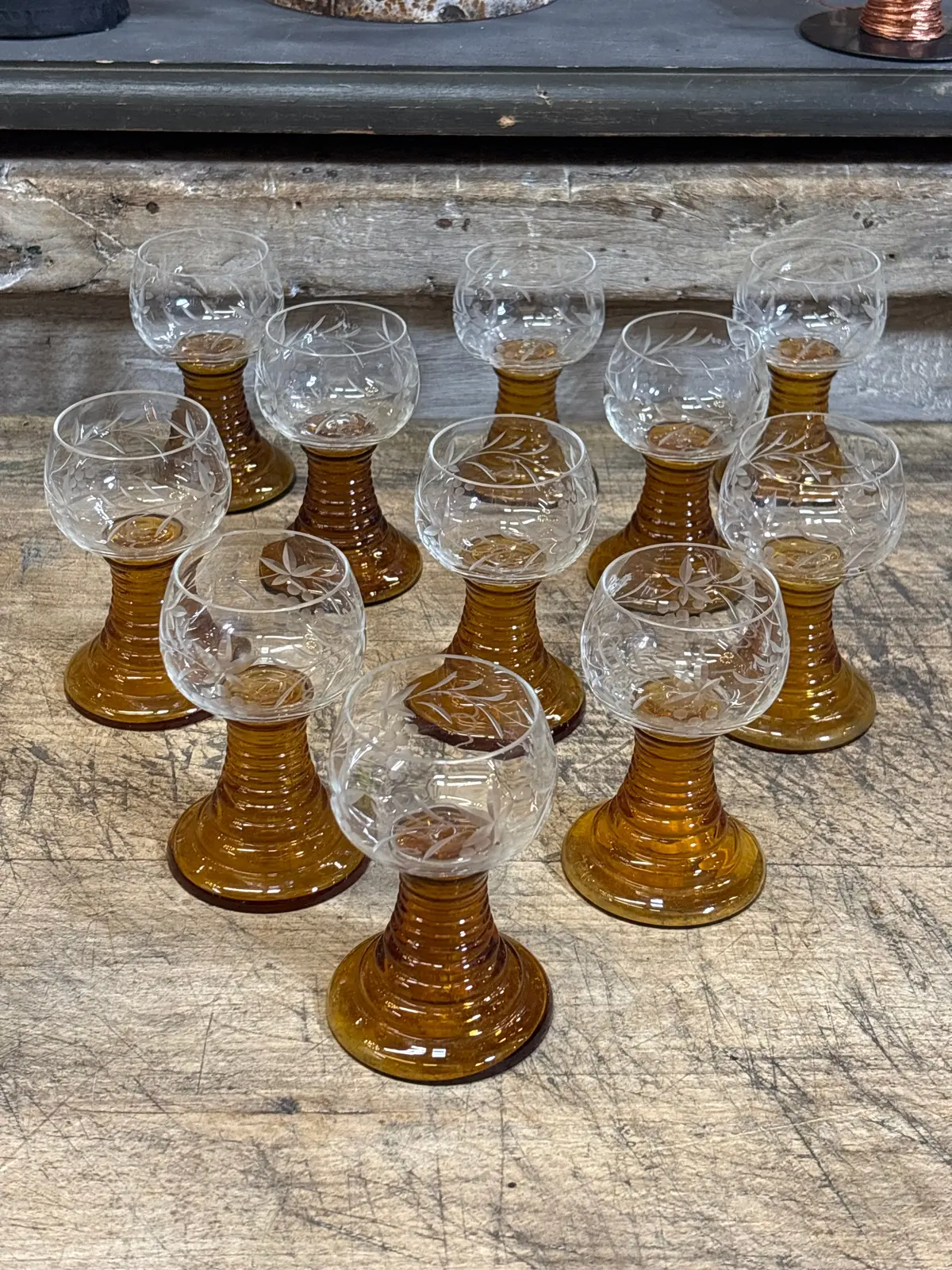 Set Of 11 Amber Stemmed Crystal Goblets 1