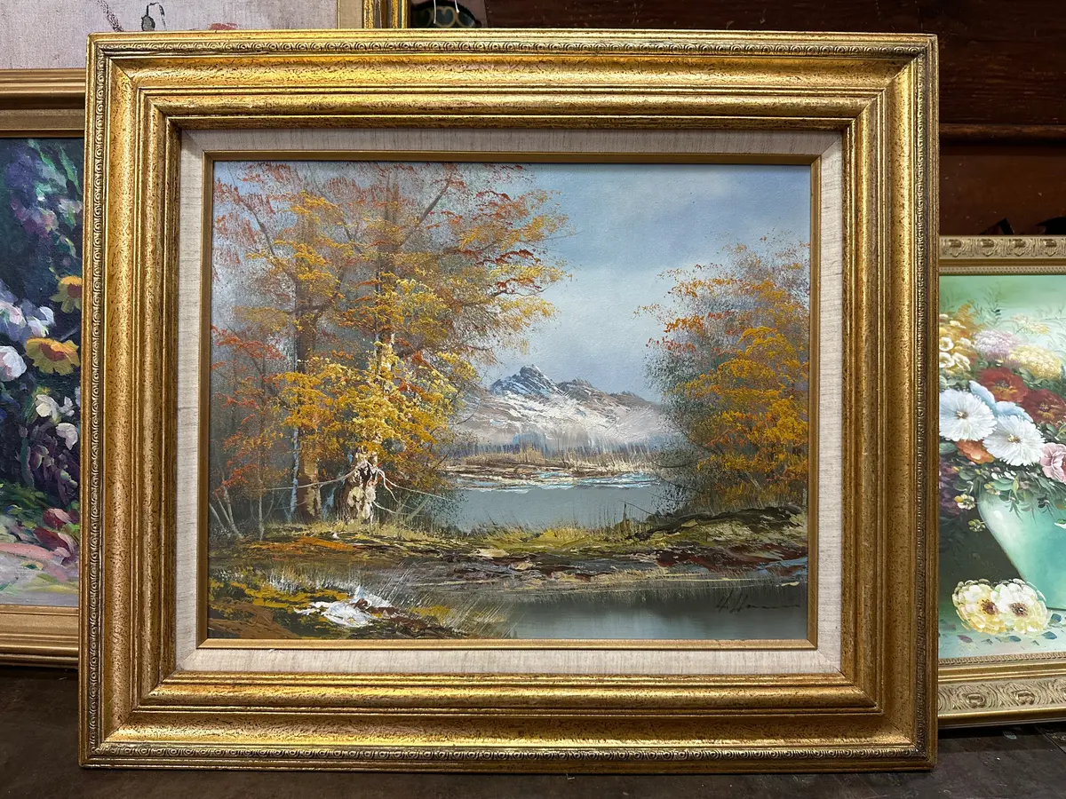Framed Landscape Oil Painting Of  A Moutain And Lake 1
