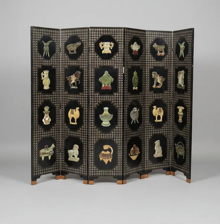Asian Screen Panel With Hand Carved Stone Figures - As Found 1