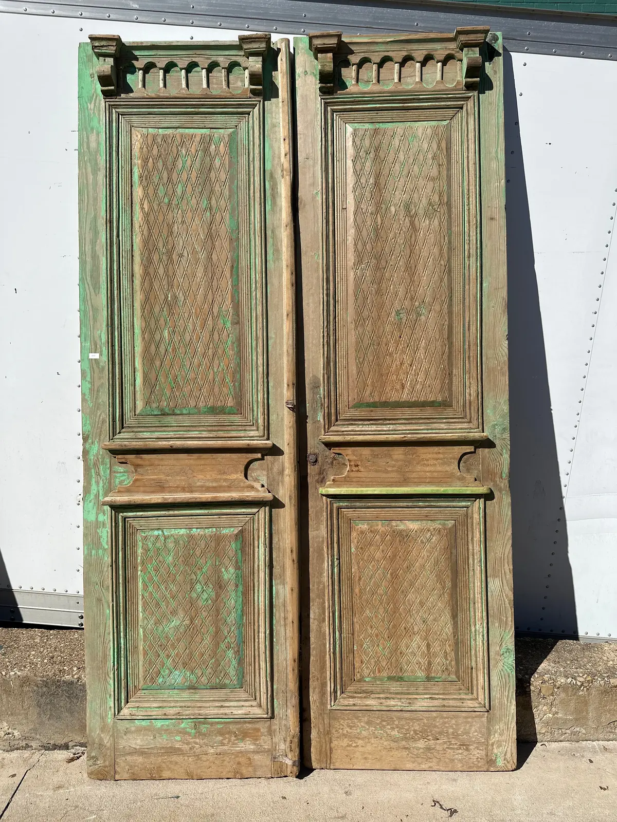 Pair Of Green Diamond Carved Pine Doors 1