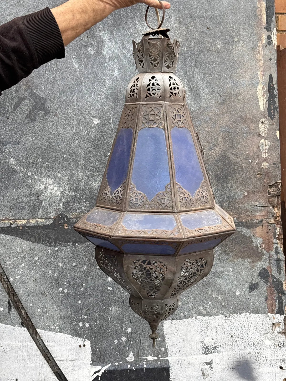 Large Tin Lantern With Blue Glass 1