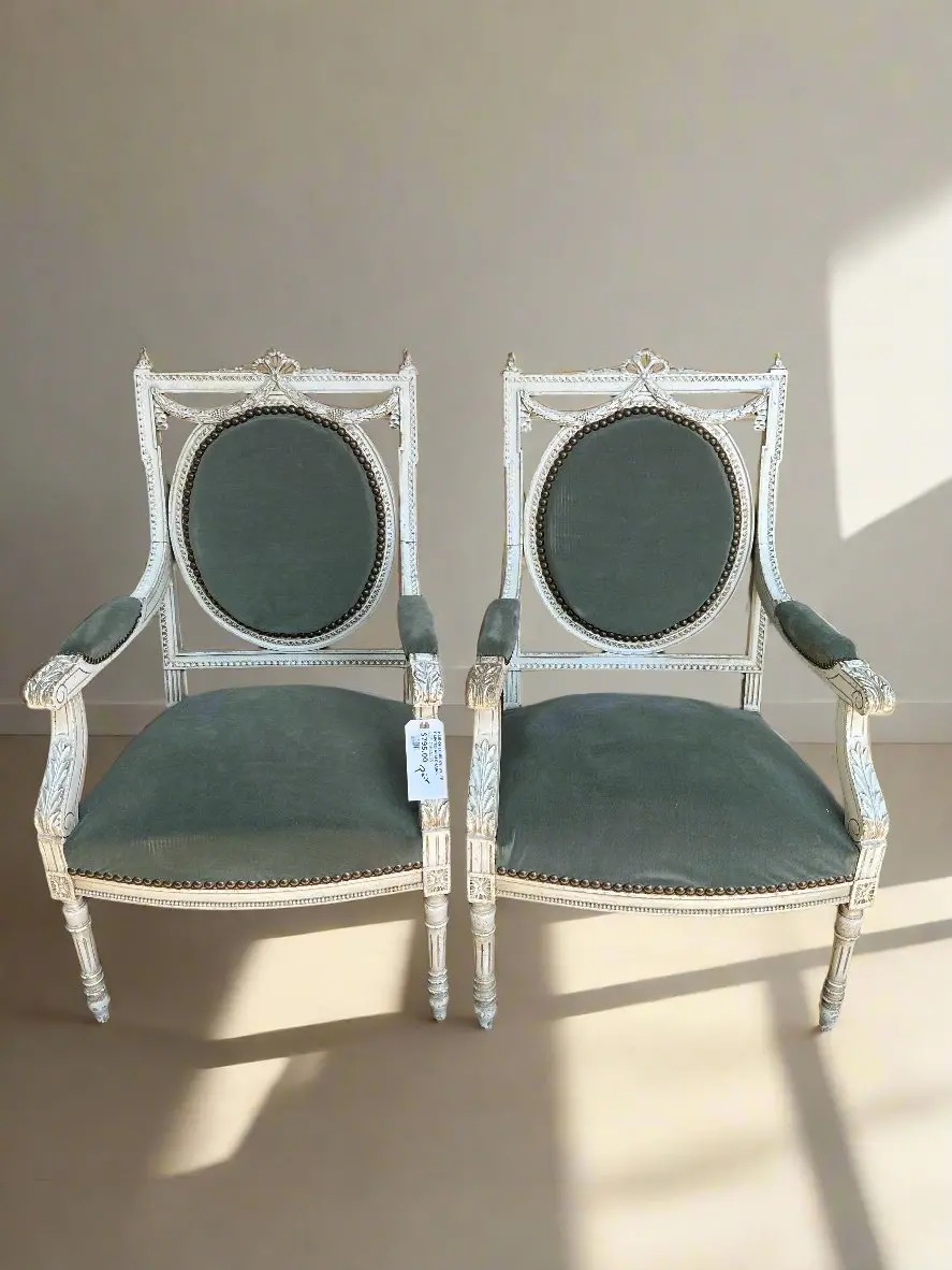 Pair Of Louis Xvi White Painted Arm Chairs 1