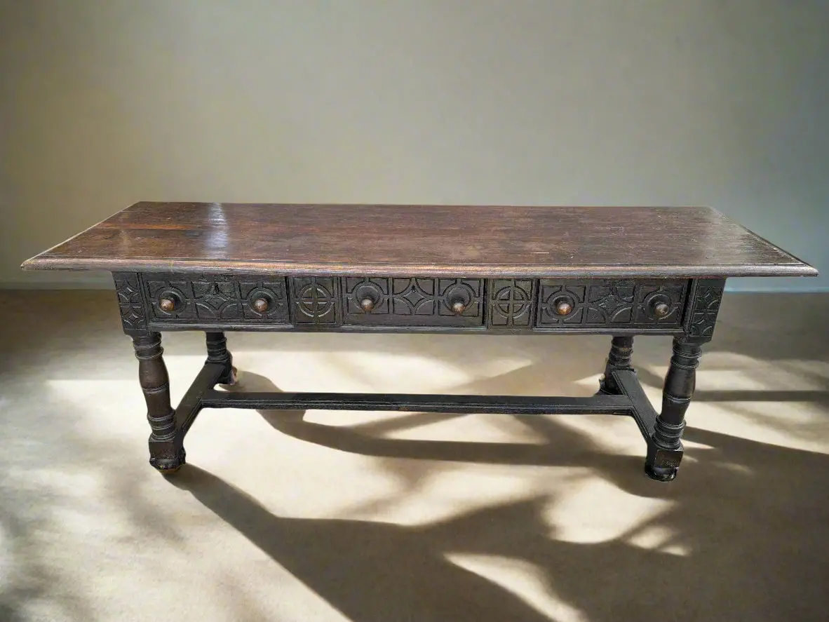 Early Dark Oak 18Th Century Turned Leg Refractory Table 1