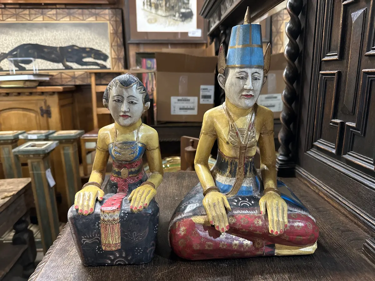Pair Of Carved Bangladeshi Man And Woman Seated Figures 1