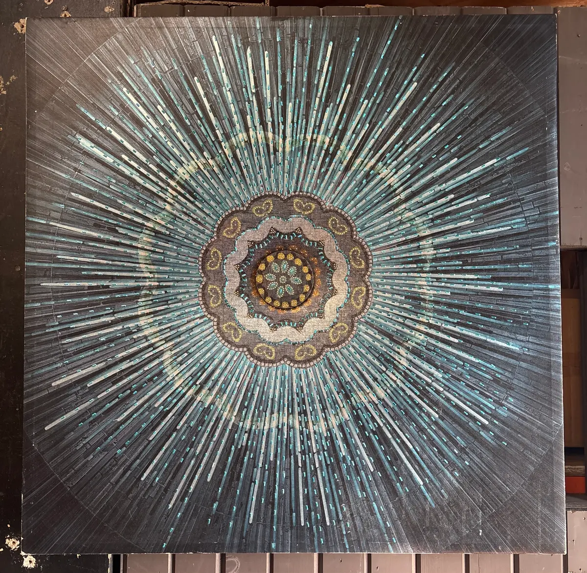 Large Modern Blue Beaded Florette On Canvas 1