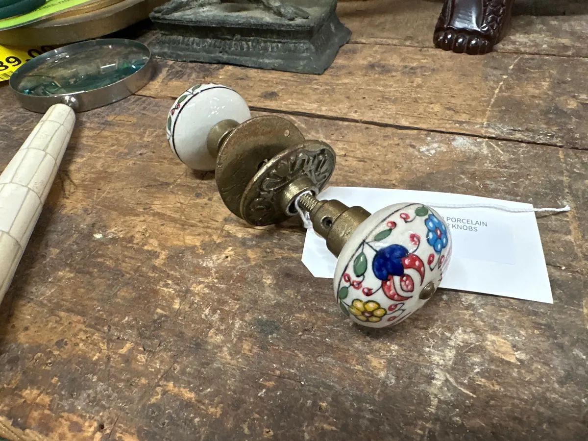 Set Of Painted Porcelain And Brass Door Knobs 1