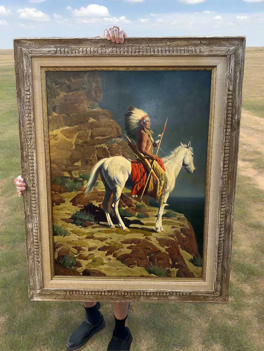Framed Oil Painting Of An  Indian On Horseback Signed Rm Zoy 1