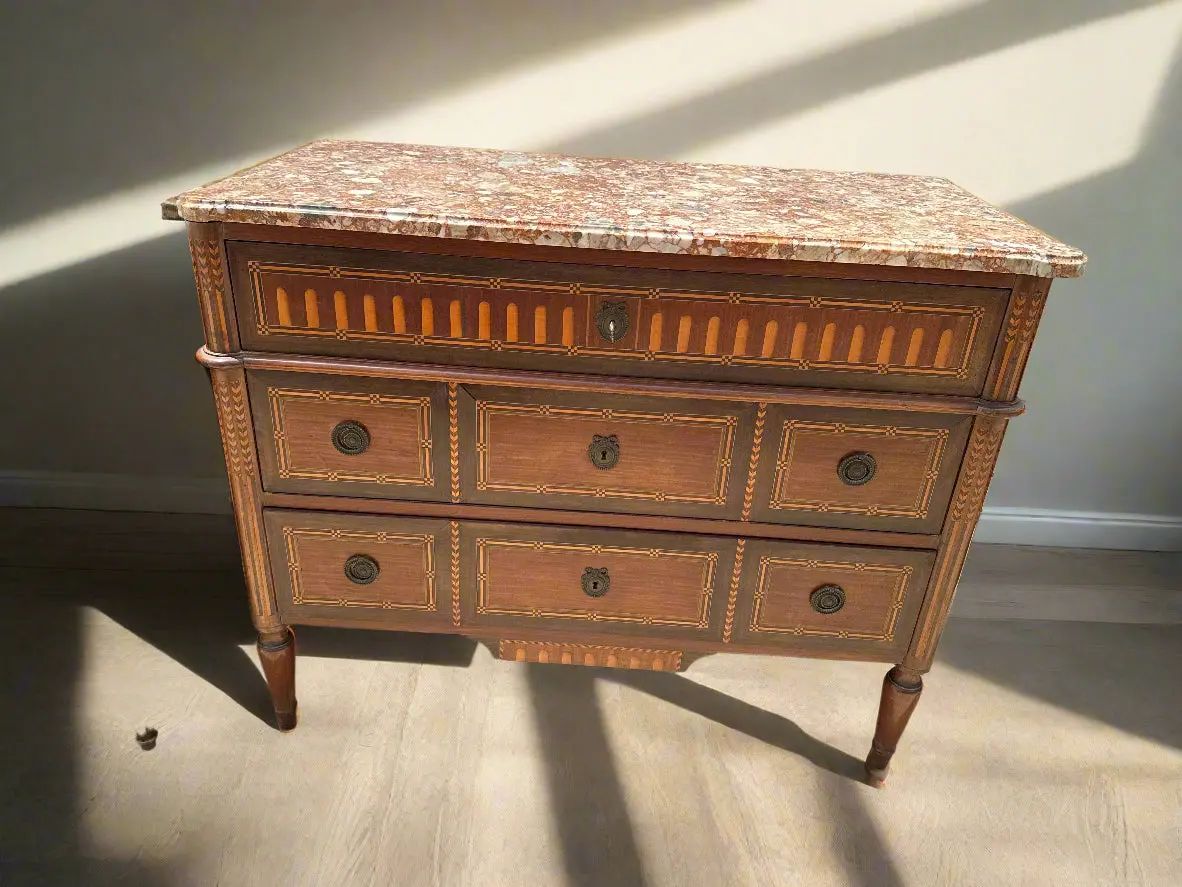 Louis Xvi Pudding Marble Top 3 Drawer Inlaid Chest 1