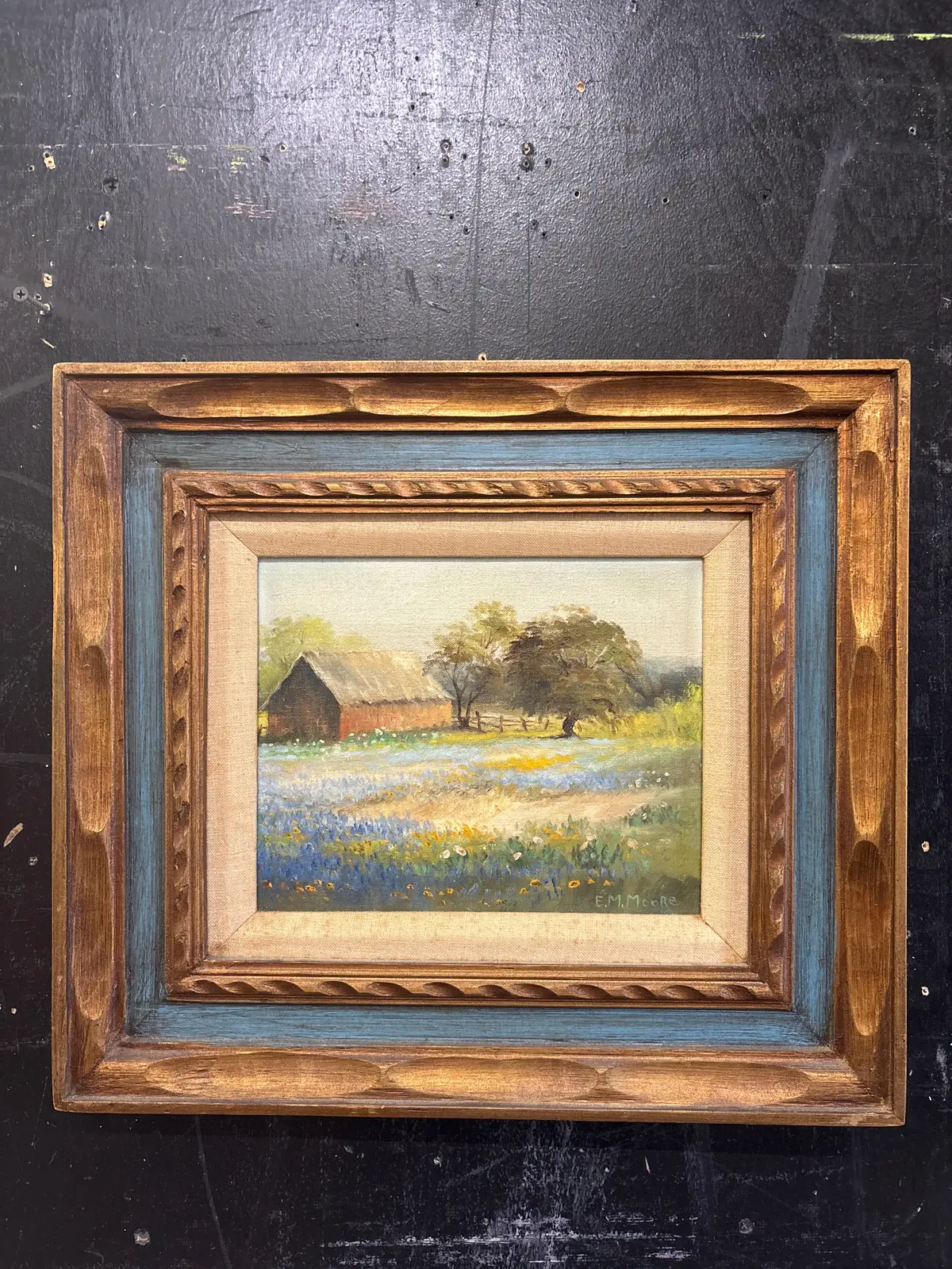 Brown And Blue Framed Oil Painting Of Barn And Blue Bonnets With Linen Filet - Signed E. M. Moore 1