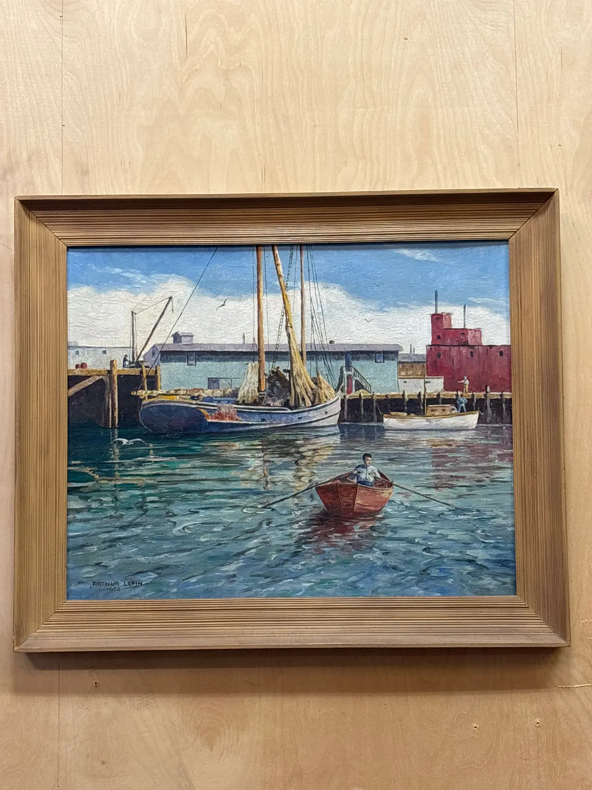 Wood Framed Oil Painting Of Harbor Scene With Boy Rowing Boat - Signed Arthur Lepin 1952 1
