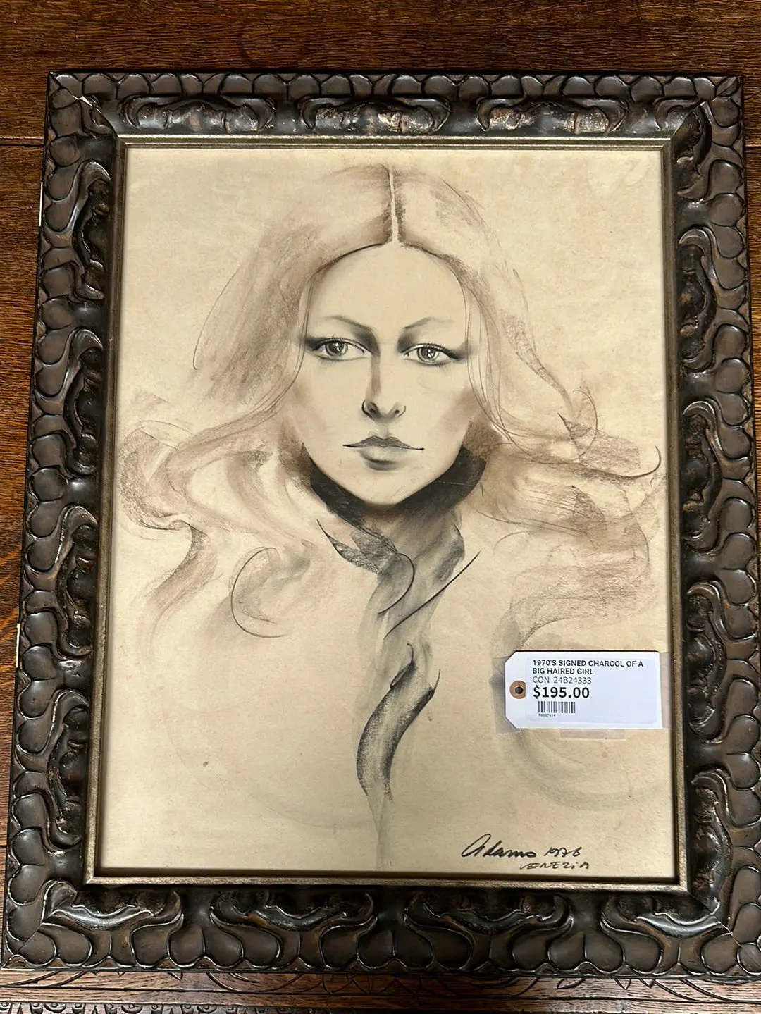 1970'S Signed Charcol Of A Big Haired Girl 1