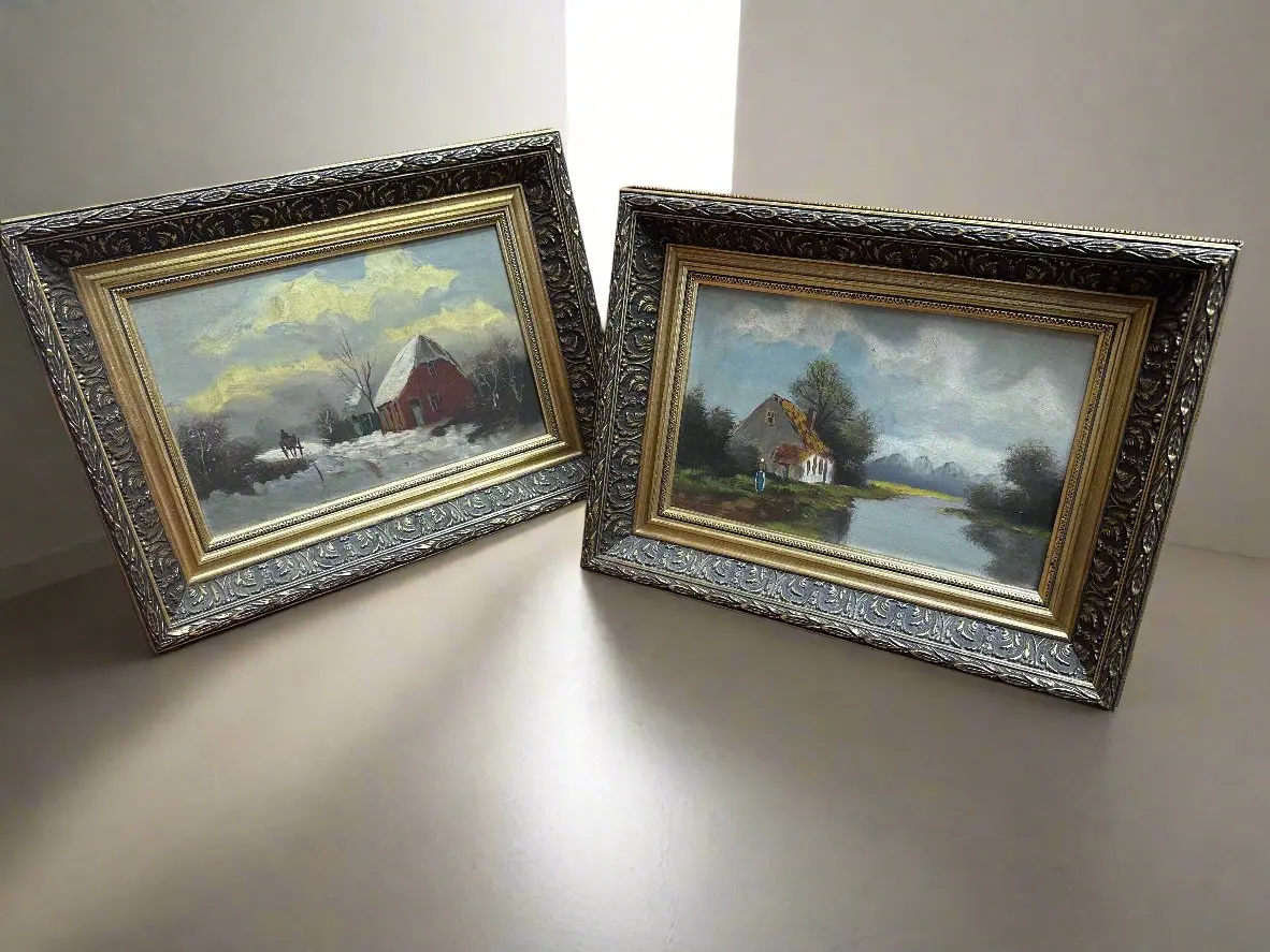 Pair Of Small Landscape Oil Paintings Of Seasons 1