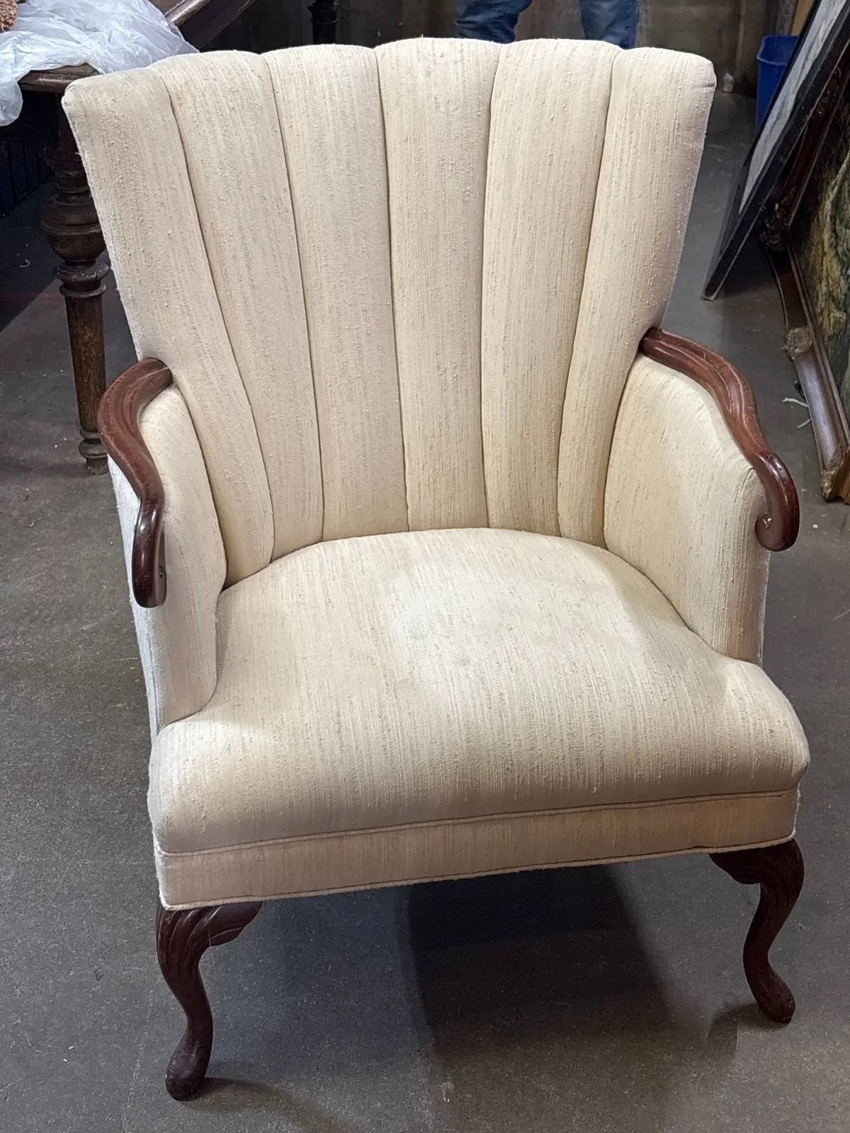 White Upholstered Shell Back Armchair 1