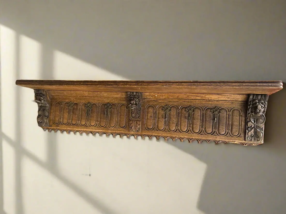 Lion Carved Long Oak Wall Shelf 1