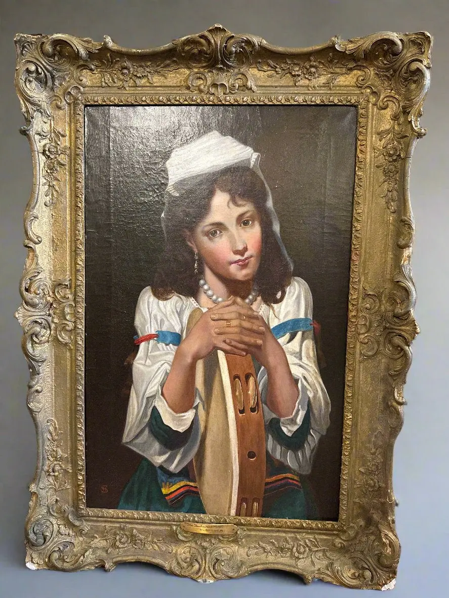 Large Dramed Oil Ppainting Of A Girl With Tamborine Signed H.Singer 1