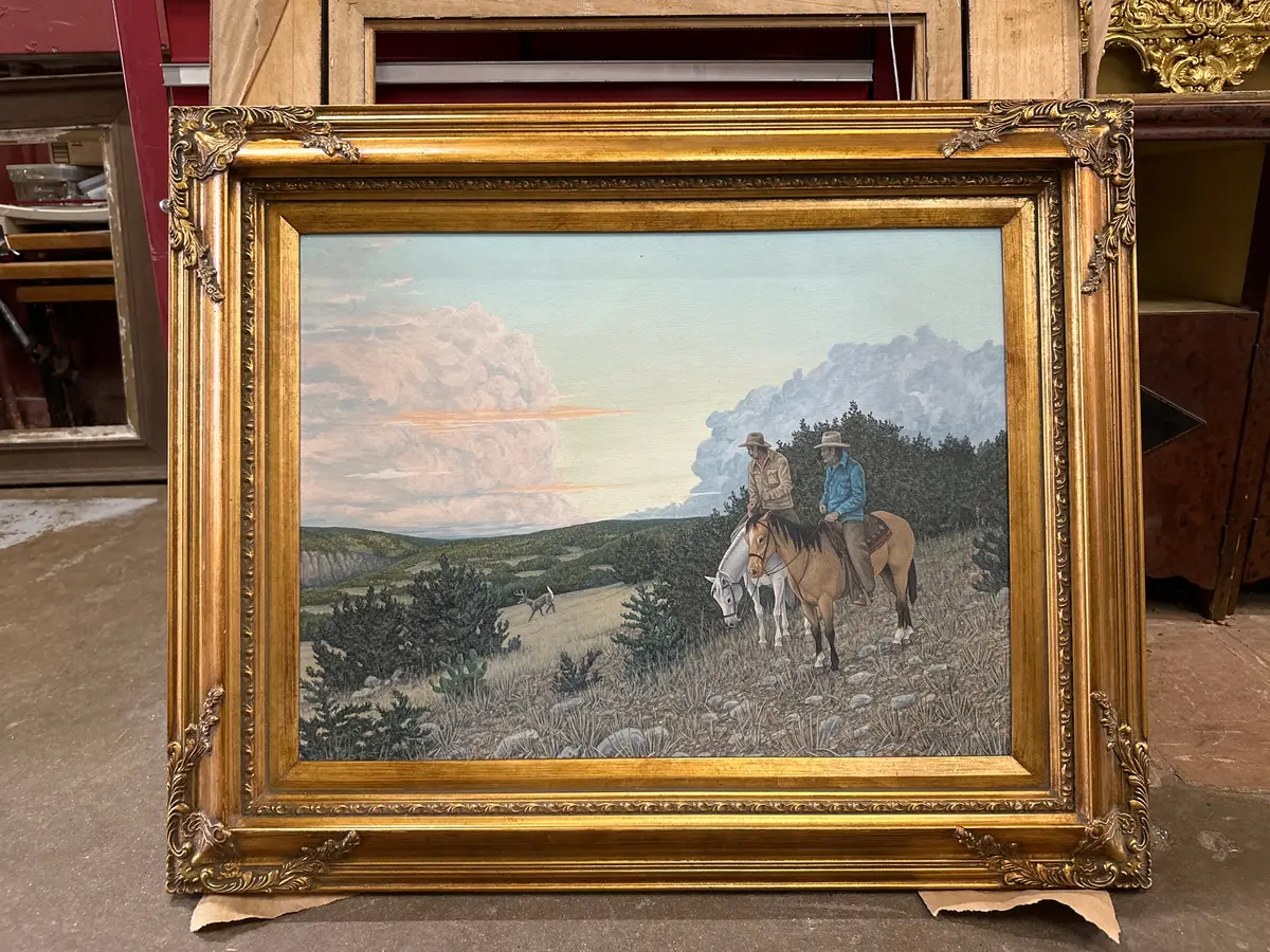 Gilt Framed Landscape Of Horse Men And A White Tail Deer 1