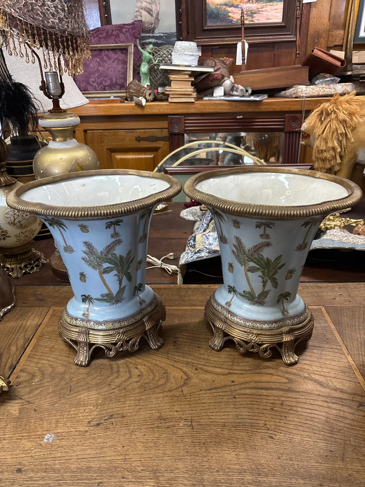 Pair Of Enamel With  Bronze Compotes 1