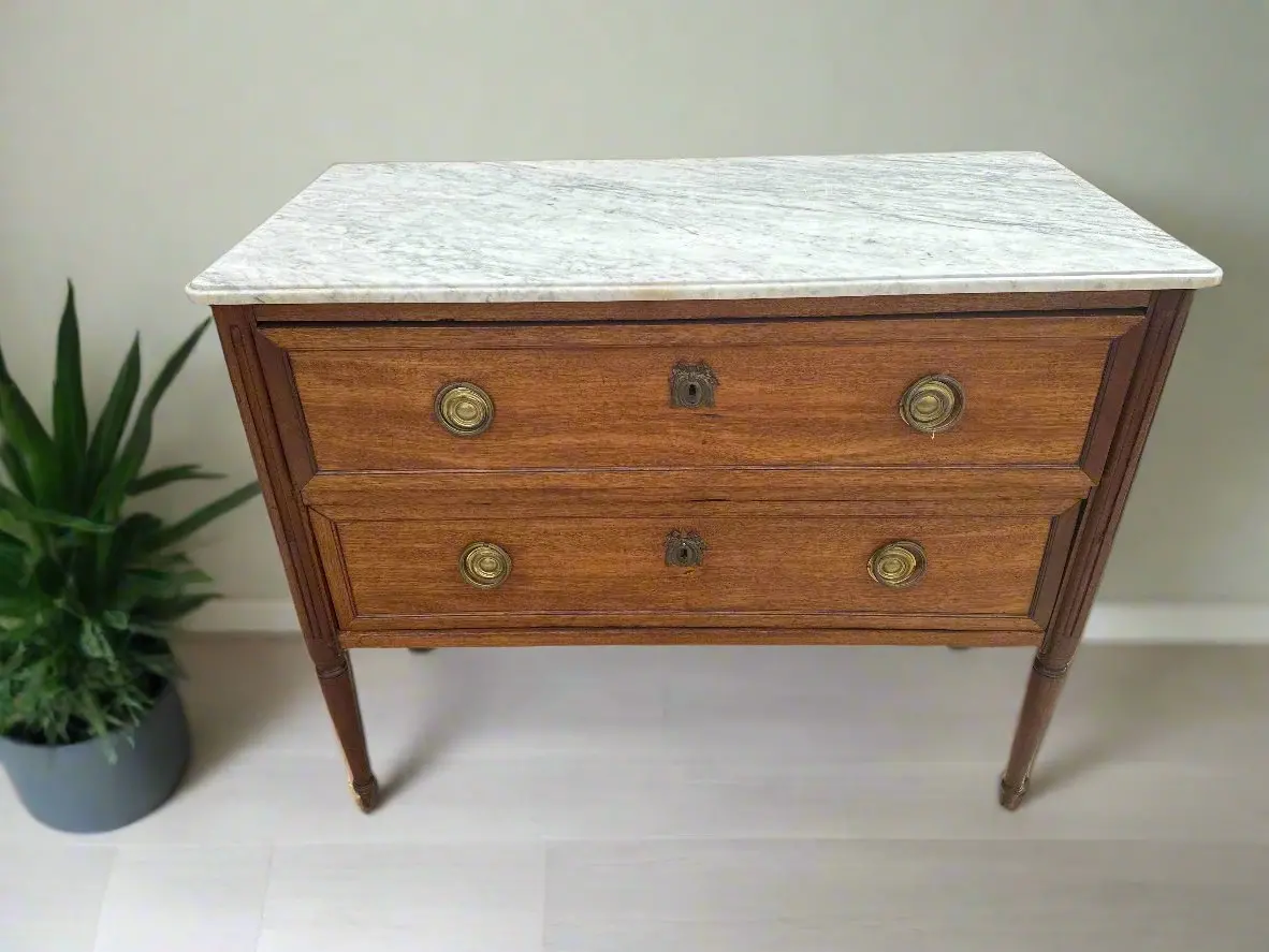 As Found Small Louis Xvi 2 Drawer White Marble Top Chest With Cable Fluting 1