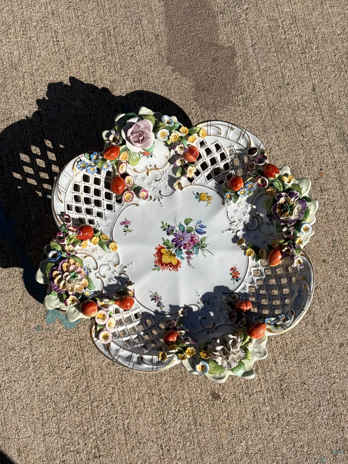 Porcelain Footed Floral Latticeware Dish With Applied Flowers 1