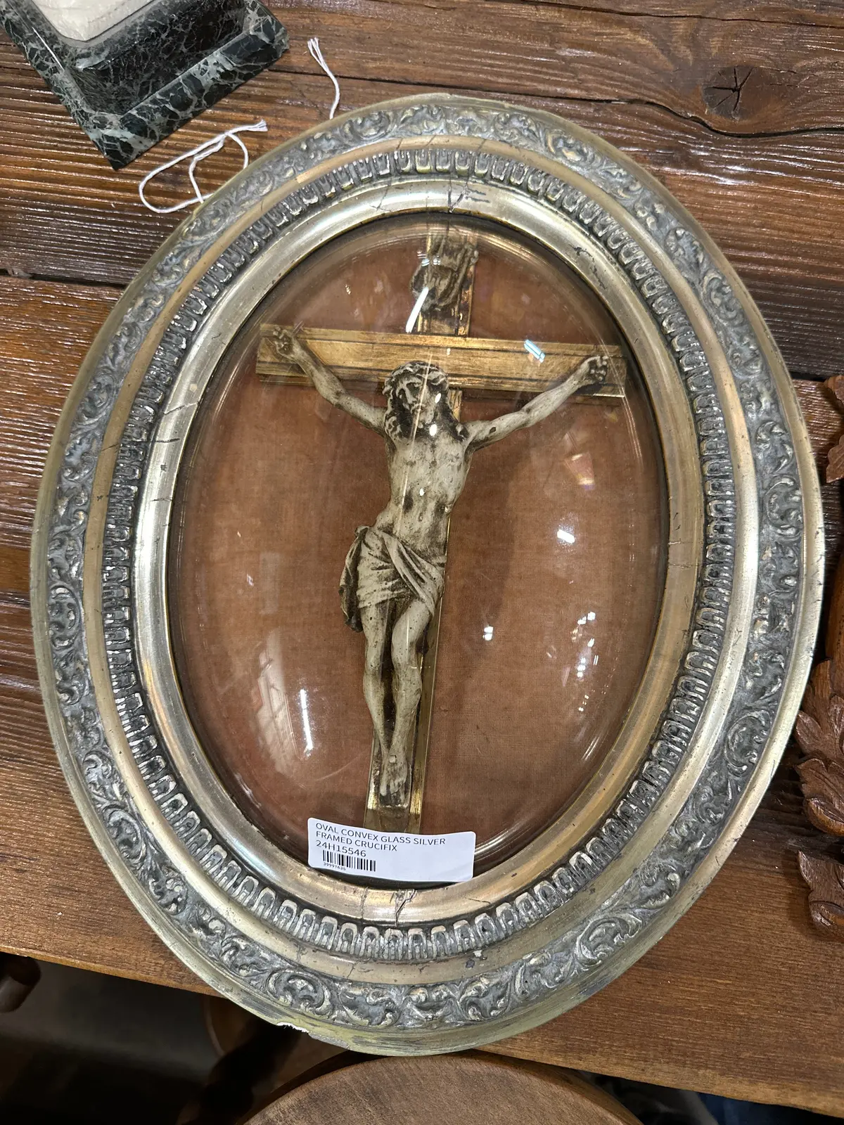 Oval Convex Glass Silver Framed Crucifix 1