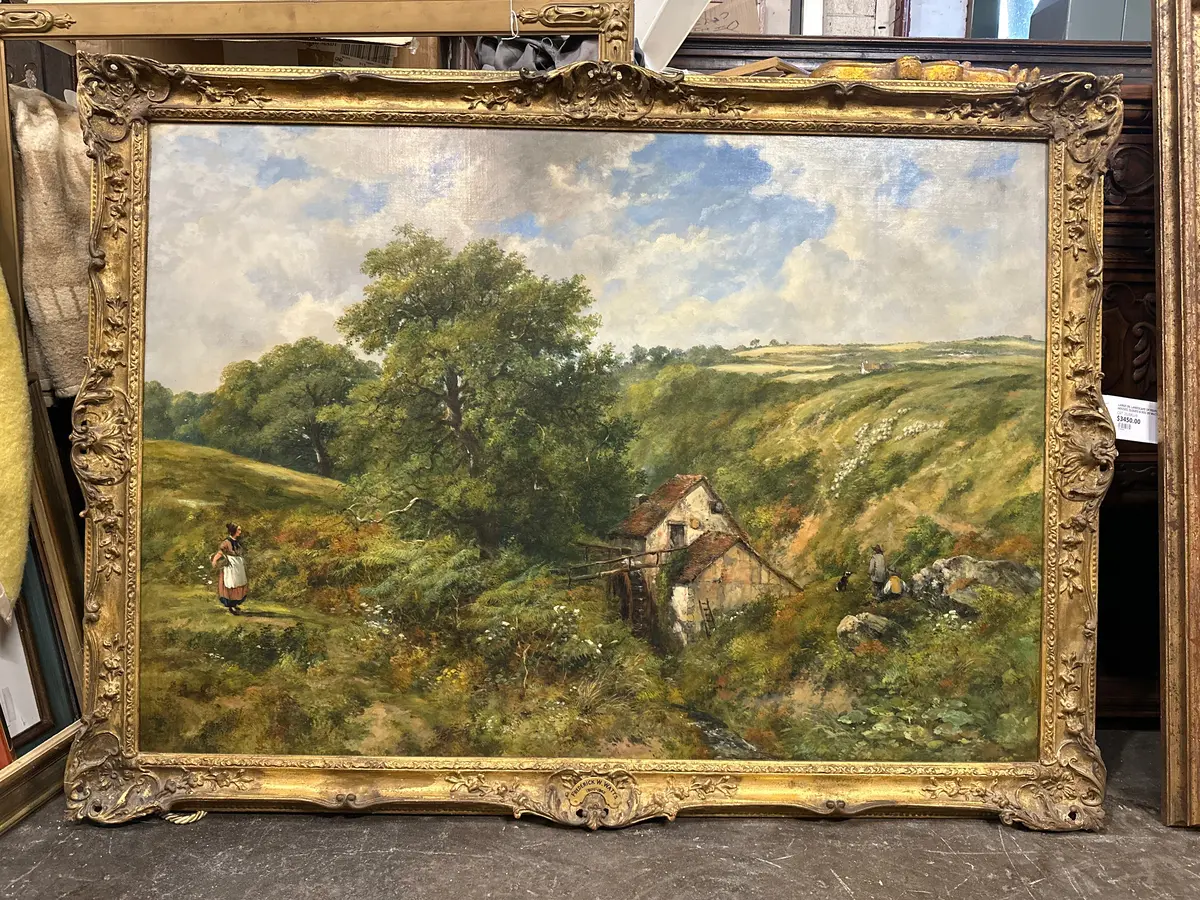 Large Oil Landscape Of People, Houses, Clouds & Dog By Watts 1