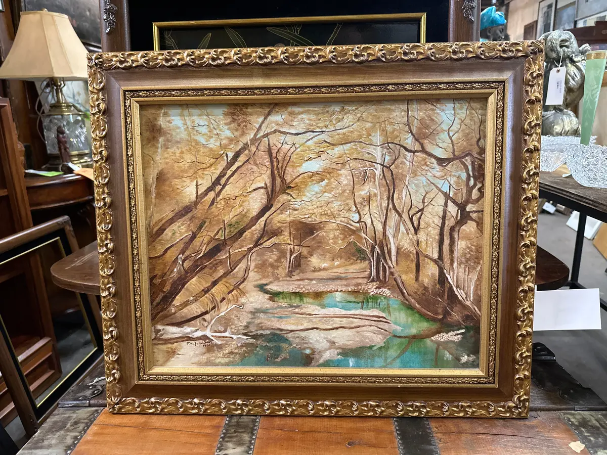 Gold Framed Impressionist Swampy Landscape Oil Painting By Maude Waters 1