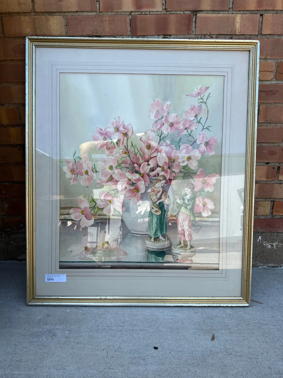 Framed Watercolor Of Pink Flowers In White Vase 1