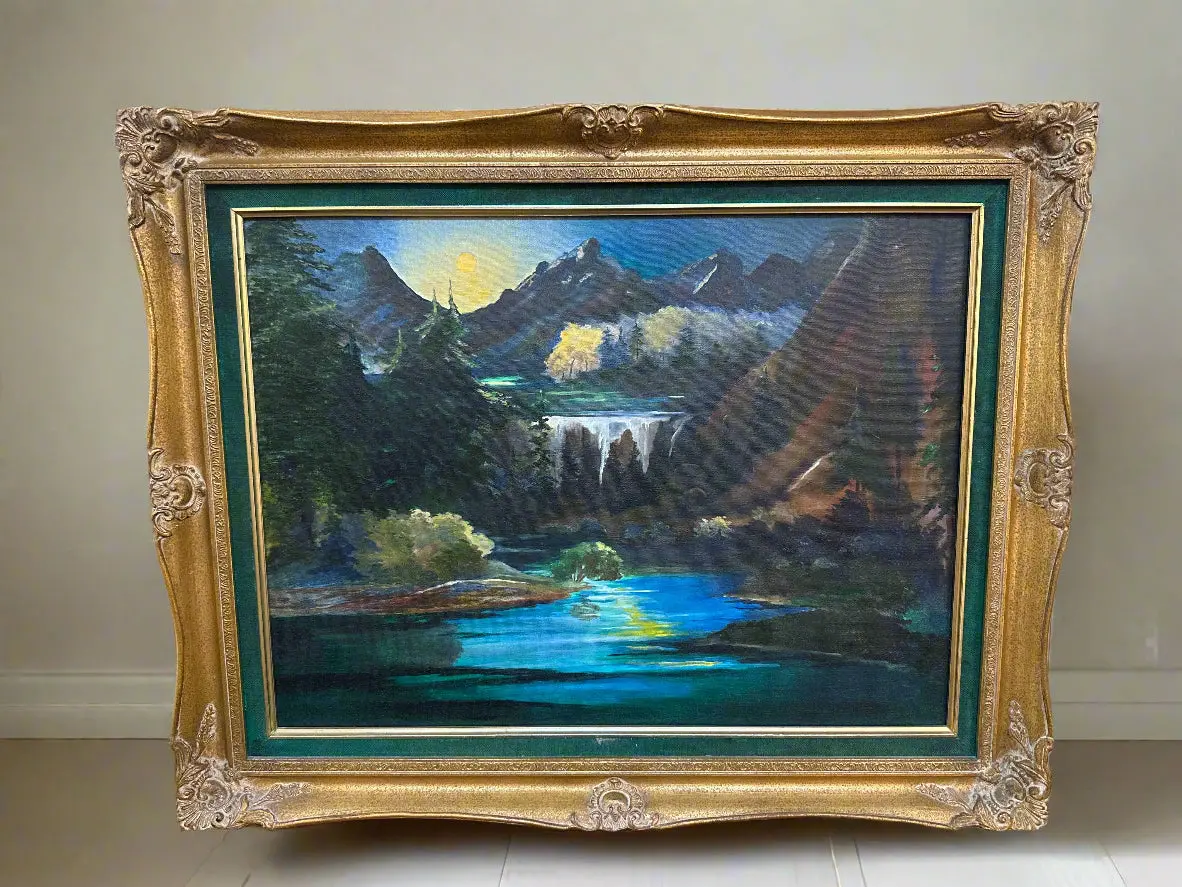 Gilt Framed Landscape Oil Opainting With A Water Fall By Maude Waters 1
