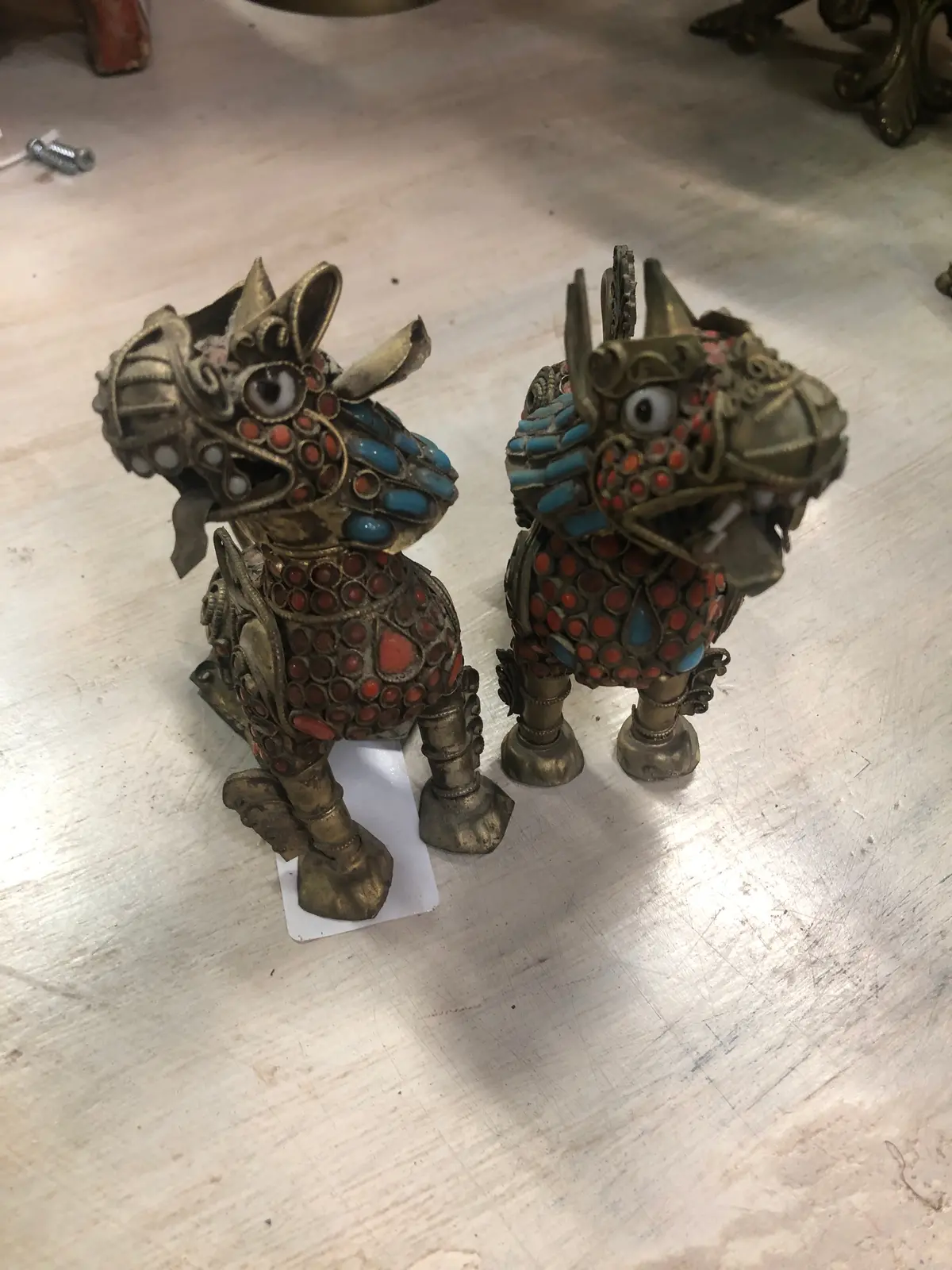 Pair Medium Turquoise Tibetan Beaded Brass Foo Dogs 1