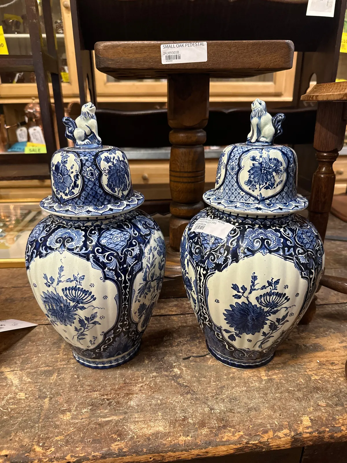 Pair Of Blue Delft Royal Sphinx Ginger Jars 1