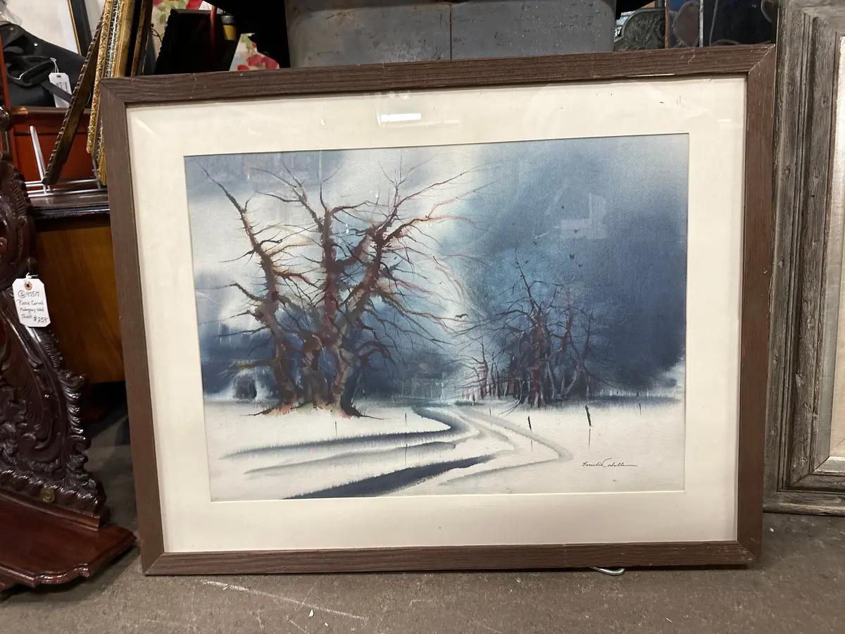 Framed And Matted Watercolor Of A Winter Landscape With Trees And Road Signed Emilia Caballero 1