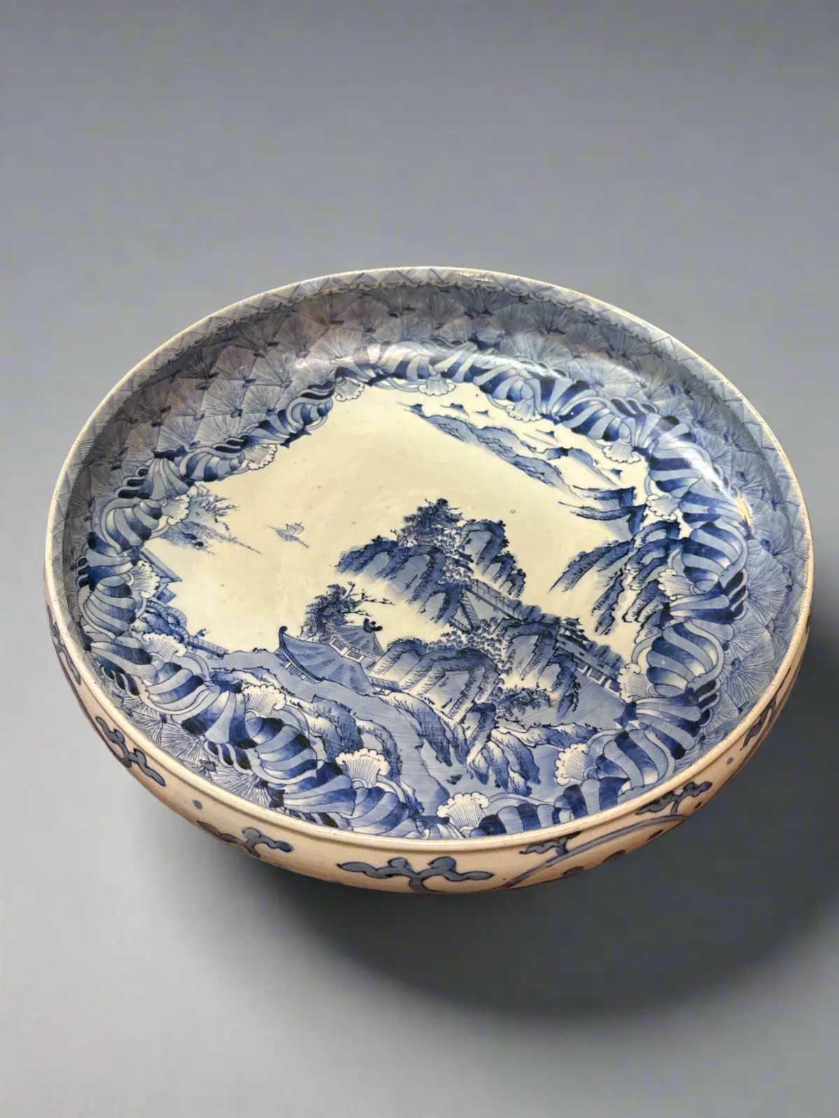 Blue And White Imari 17" Landscape Bowl 1