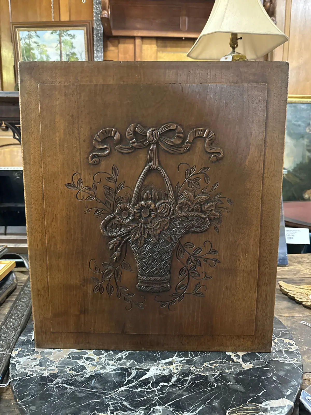 18Th Century Walnut Carved Wood Panel W/ Flowers In Basket + Ribbon 1