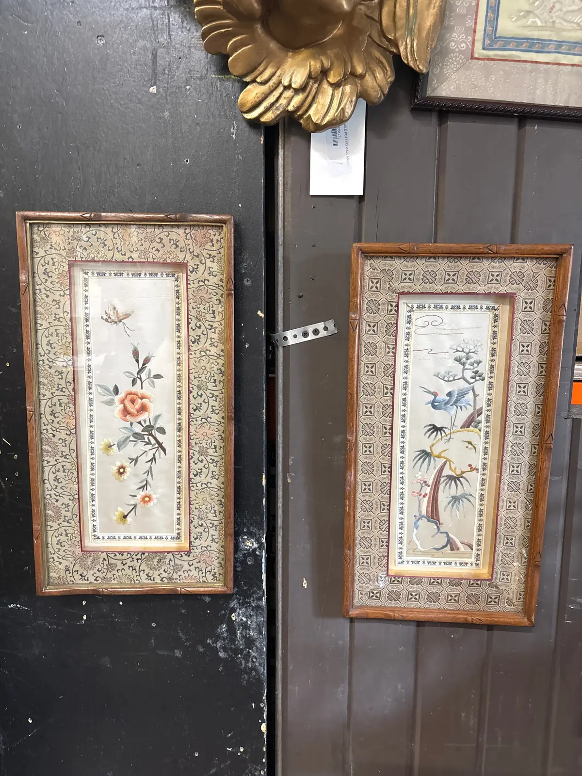 Pair Of Framed Silk Asian Embriodery Panels With Cranes 1