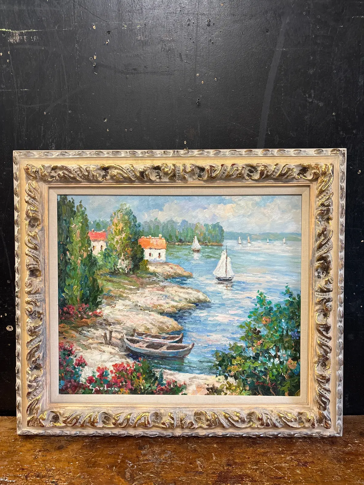 Framed Oil Painting Of Coastal View With Sail Boats - Signed 1