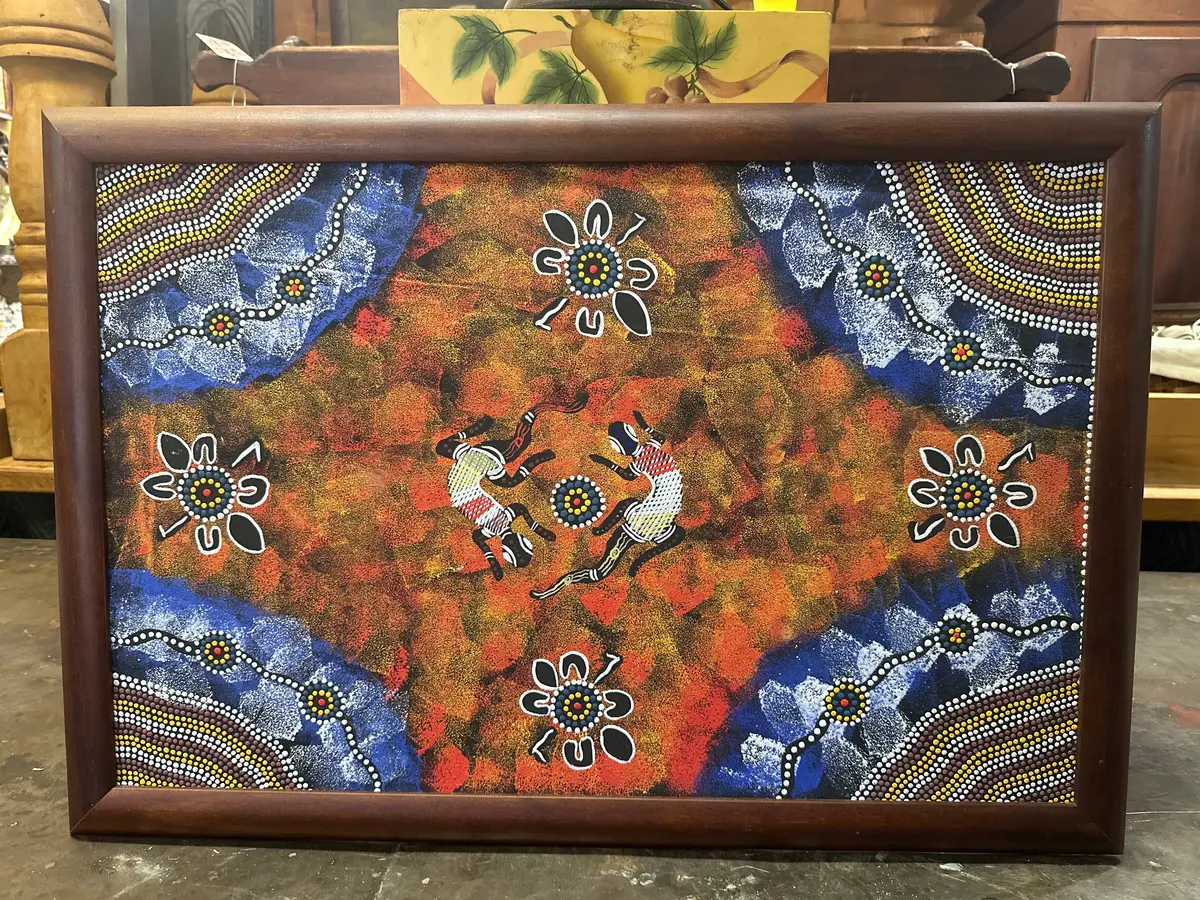 Framed Spongework Painting Of Stylized Lizards 1