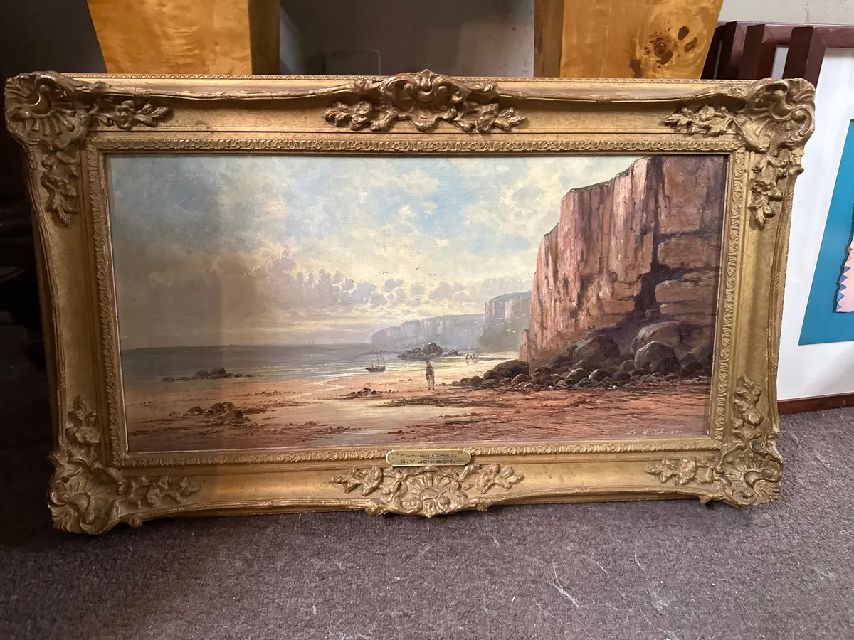 Small Franmed Beautiful Seascape Oil Painting Of Beach And Cliffs - Signed Sydney Yates Johnson 1900 1