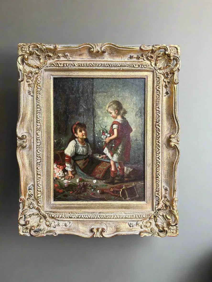Oil On Board Painting Of Two Girls Talking Holding Flowers 1