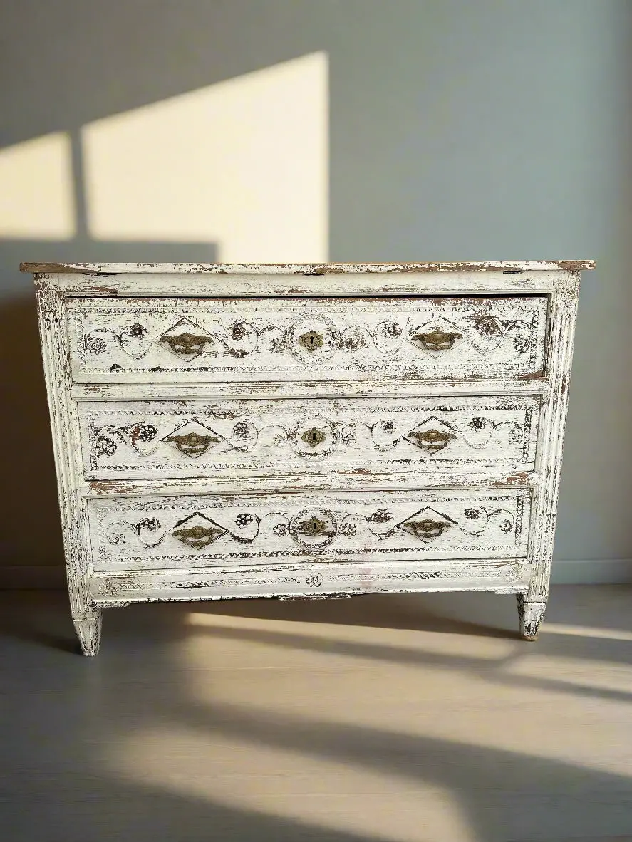Louis Xvi Style While Distresses Painted Oak 3 Drawer Chest 1
