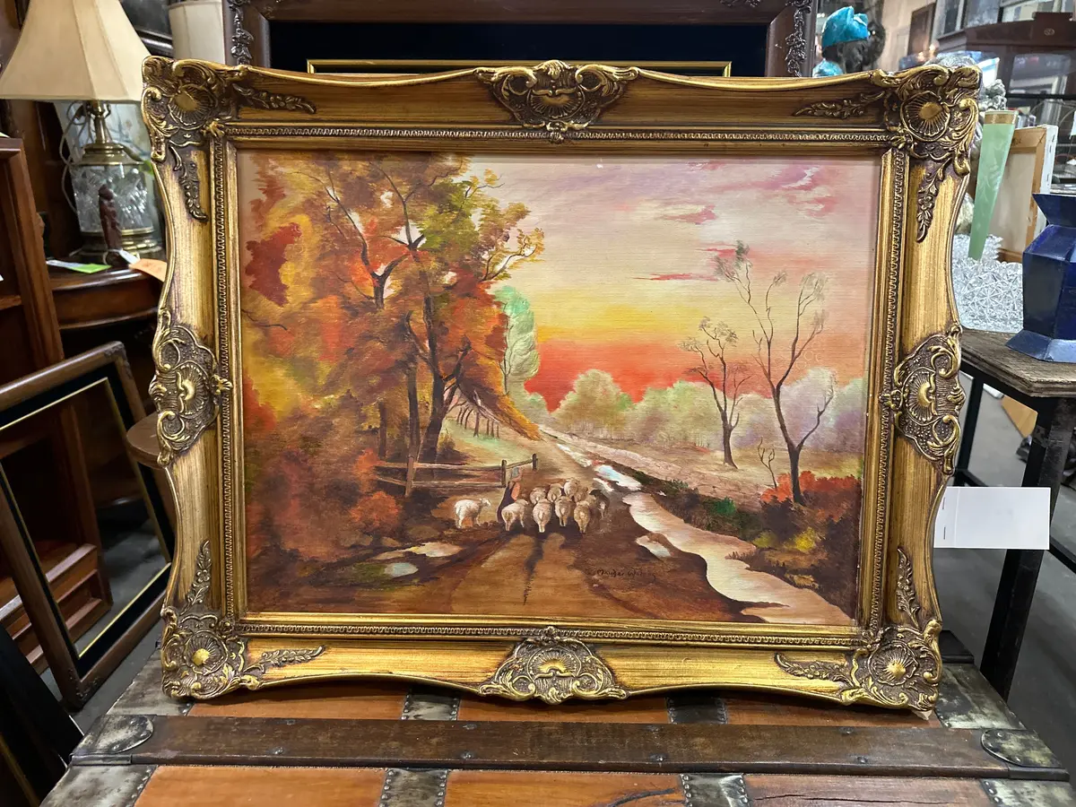 Framed Landscape Oil Painting With Sheep Cymaude Waters 1