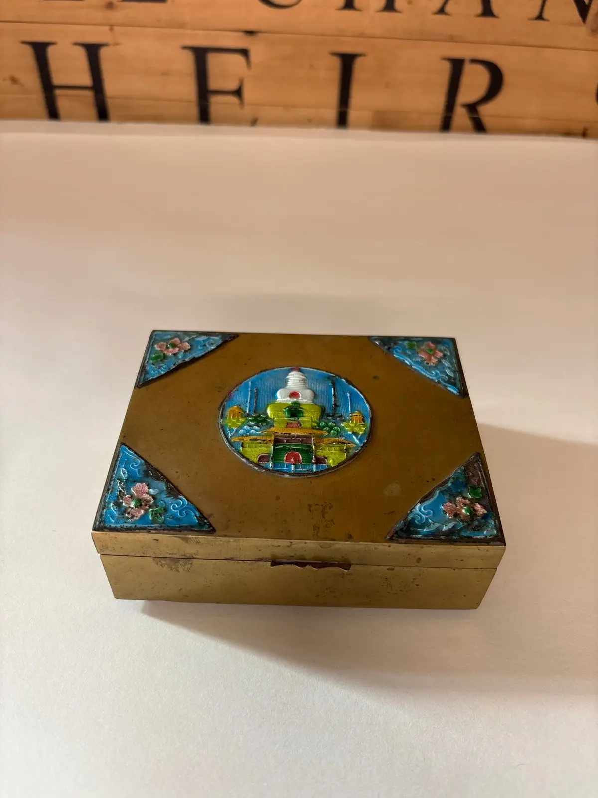 Small Antique Brass Enamled Box 1