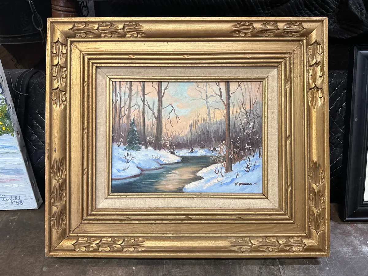 Small Framed Winter Scene Oil Painting With River 1