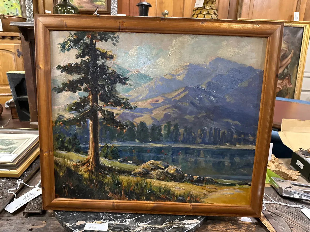 Oil Painting On Board Mountain Scape W/ Pine Tree & Lake 1
