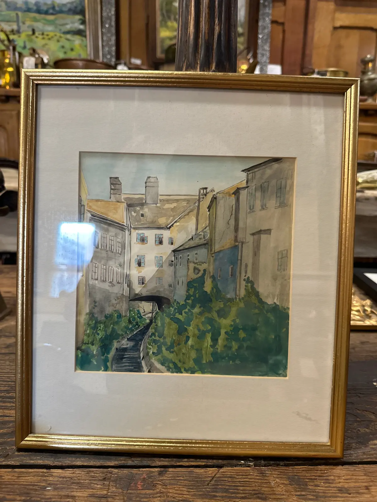 Framed European Village Watercolor 1