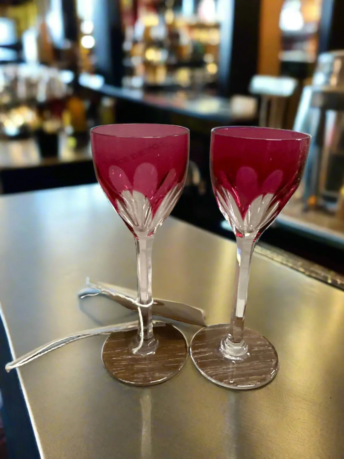 Pair Of Cranberry Cut To Clear Crystal Stemmed Cordials 1