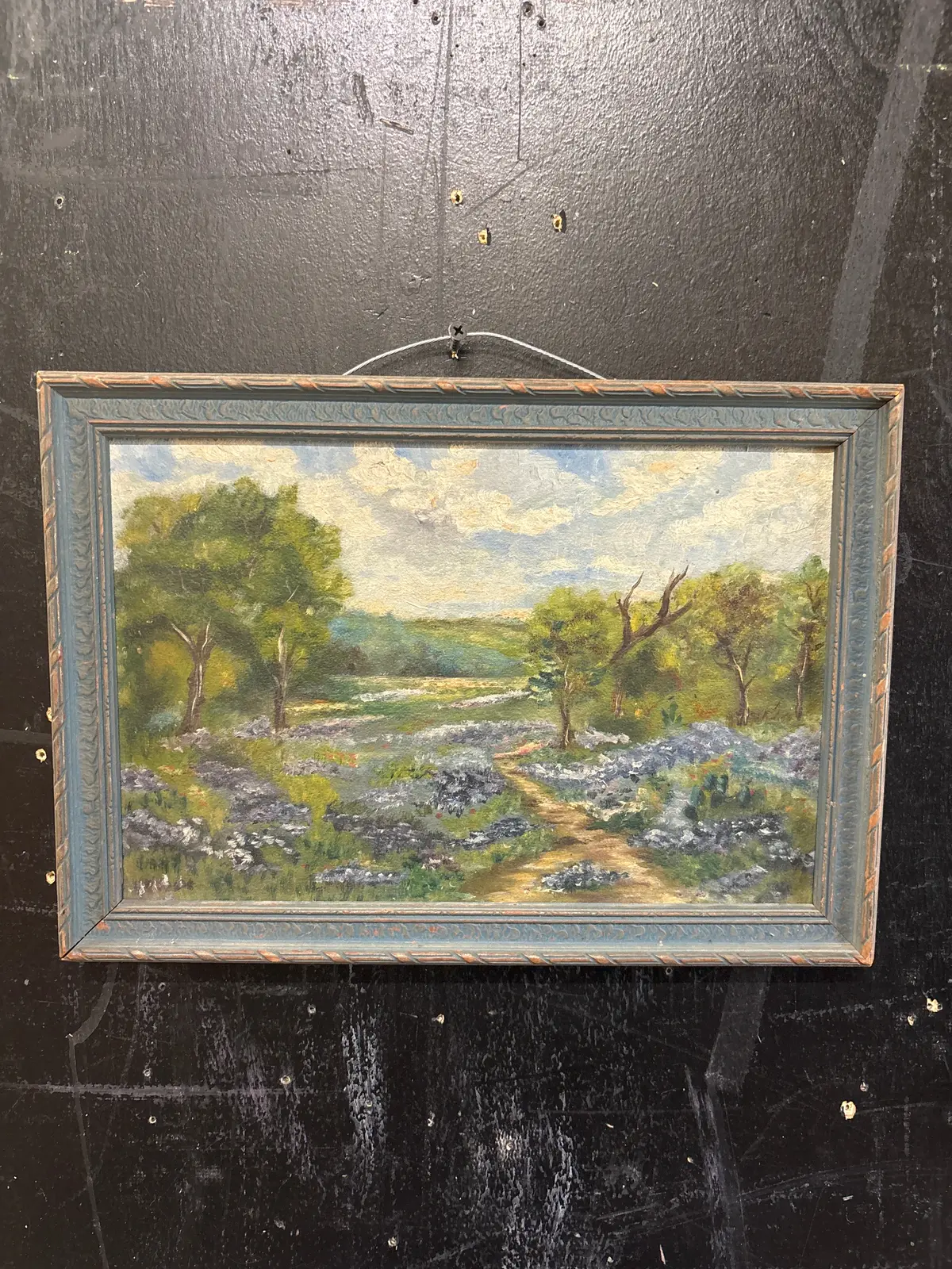 Brown And Blue Framed Oil Painting Of Dirt Road With Blue Bonnets 1