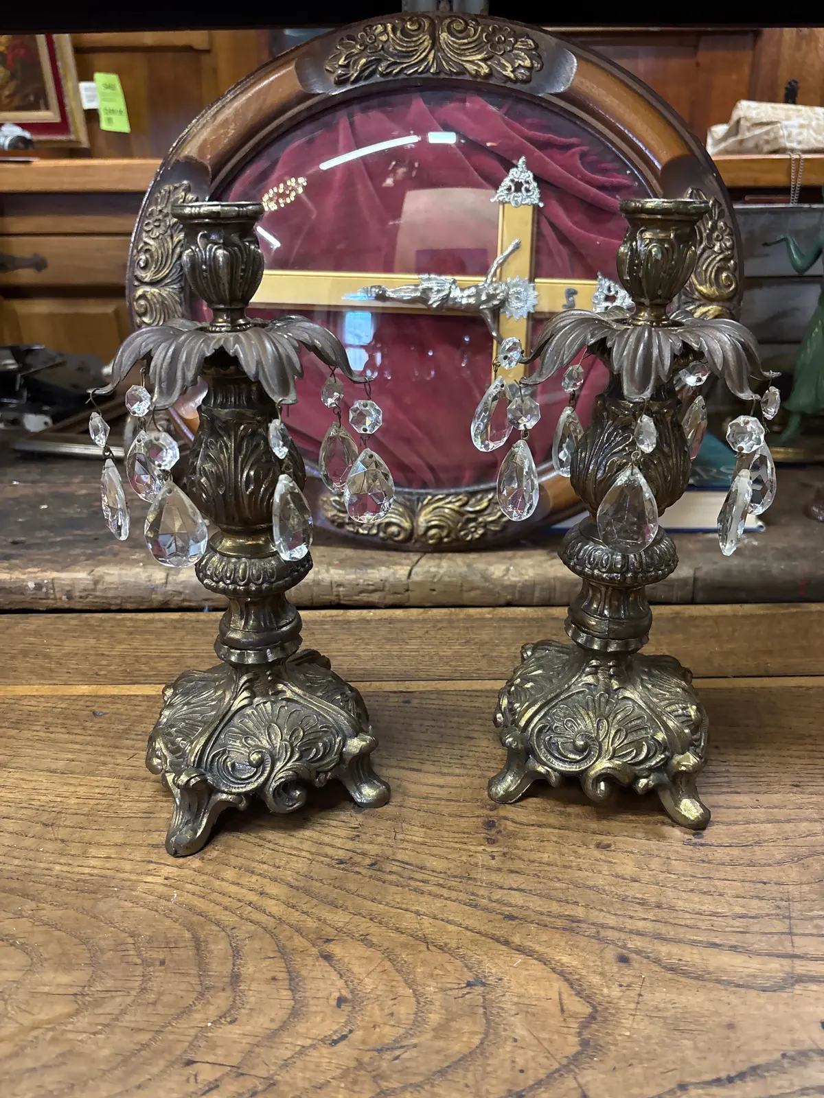 Pair Of Crystal Almond Prism Rococo Metal Candlesticks 1