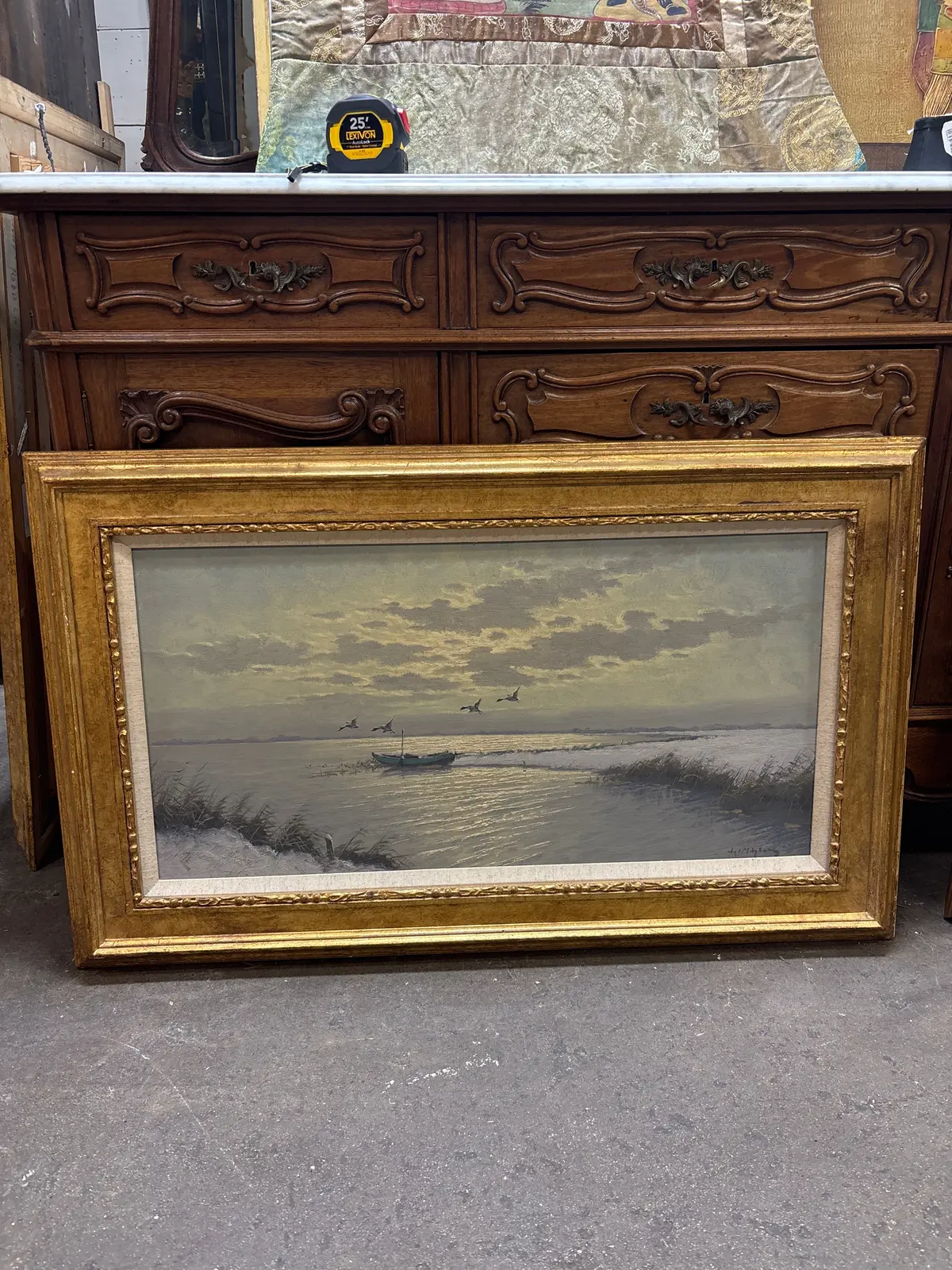 Gold Framed 20Th Century Oil Painting Of Geese On Sandy Lake With Linen Filet 1
