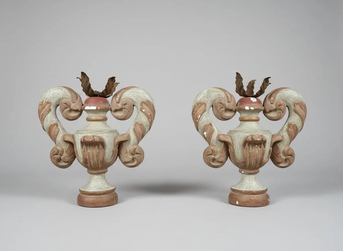 Early Pair Of Antique Italian Carved Wood And Gesso Urns 1